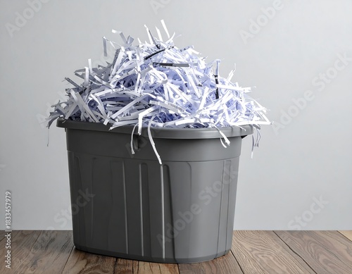 Overflowing Shredded Paper Bin on Wooden Surface.