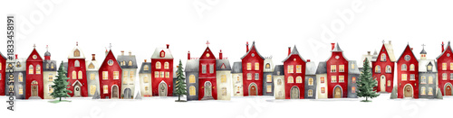 winter village seamless border pattern, red, grey and beige houses in a row with christmas trees and firs, nostalgic silhouette vector watercolor illustration for web banner or paper and card design