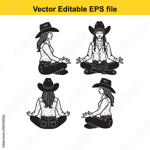 vector illustration set of four cowgirls wearing cowboy hats meditating in lotus position, showing front and back views, perfect for western yoga or mindfulness themes
