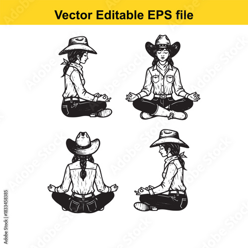 vector illustration set of four cowgirls wearing cowboy hats and meditating in lotus position, showing front, side, and back views, isolated on white background