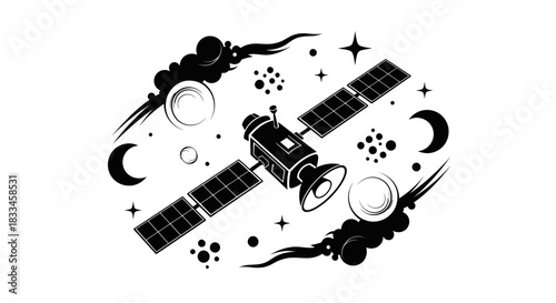 Monochrome Satellite Illustration with Solar Panels and Antenna.