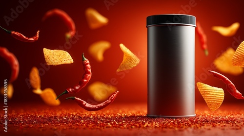 Metallic snack canister mockup with flying spicy chips and chili peppers on vibrant red background
