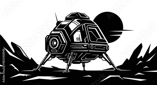 Futuristic Spacecraft Landing on Alien Planet Surface in Monochrome.