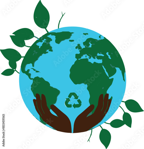 Earth held in hands with green leaves and recycling symbol globe world vector illustration EPS file download.
