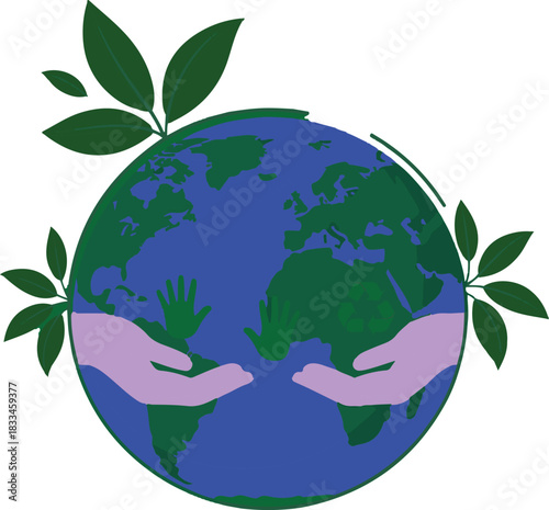 Earth globe with green leaves and hands protecting it planet world vector illustration EPS file download.
