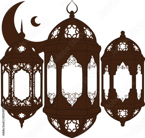 Three ornate brown Islamic lanterns with crescent moon and star ramadan celebration vector illustration EPS file download.
