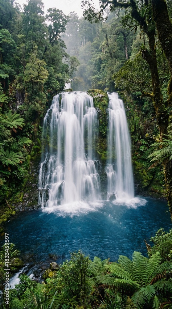 Naklejka premium Cascading waterfall plunges into vibrant blue pool surrounded by dense temperate rainforest