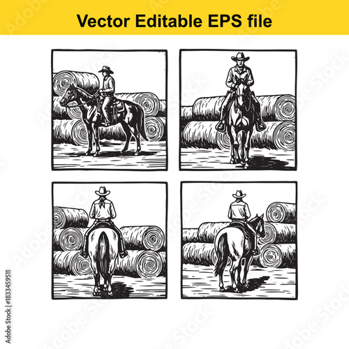 fourpanel black and white vector illustration showing a cowboy riding a horse from different perspectives against a backdrop of hay bales