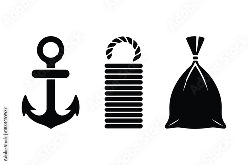 Nautical and maritime icons anchor rope and bag symbols