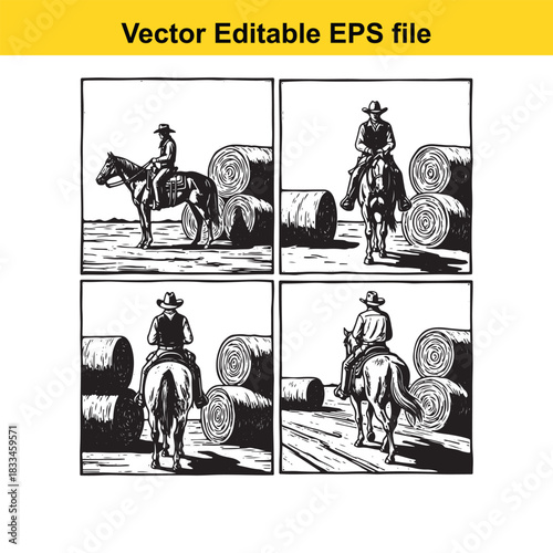 four panel black and white vector illustration depicting a cowboy riding a horse near large round hay bales in a field, showing different perspectives of the scene