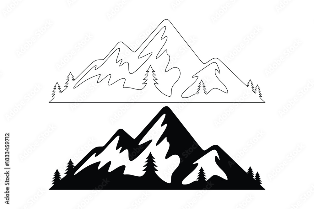 Fototapeta premium Stylized mountain range with trees in outline and silhouette