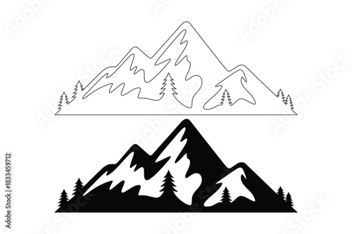 Stylized mountain range with trees in outline and silhouette