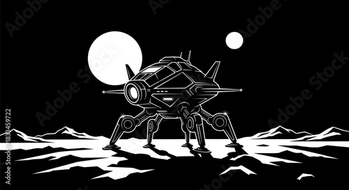 Monochrome Sci-Fi Walker on Alien Planet with Twin Moons.