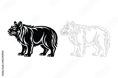 Black and white illustration of a wolf and its outline