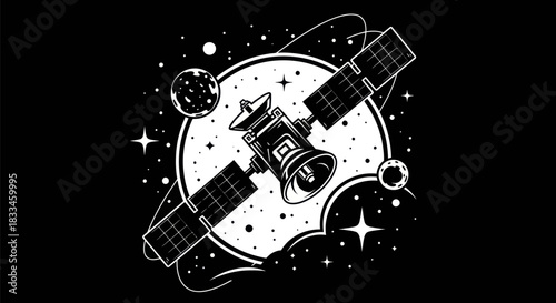 Detailed illustration of a satellite in space with solar panels and antennas.