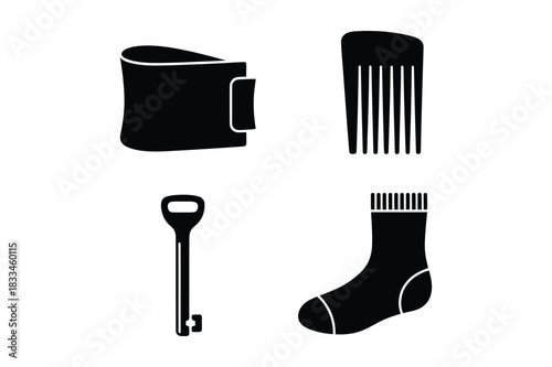 Four simple black silhouette icons of everyday items