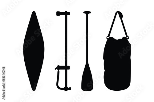 Kayak paddle and dry bag silhouette set