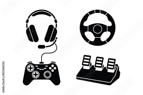 Gaming accessories including headphones controller steering wheel and pedals
