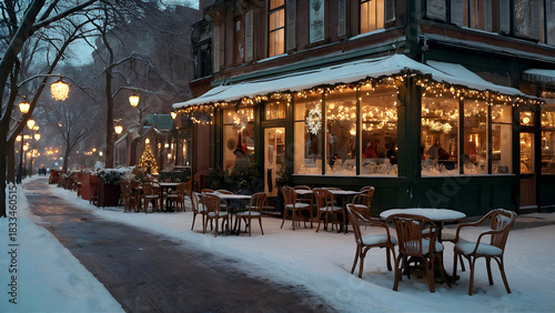 Restaurant exterior decorated with festive lights with outdoor seating covered in snow during winter