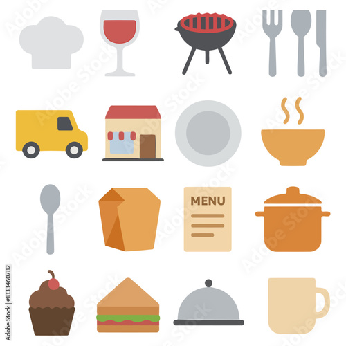 Culinary Collection: An array of delightful food icons, encompassing everything from a chef's hat to a tantalizing cupcake, a menu to a classic sandwich and more.