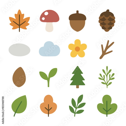 Nature's Emblem Collection: A vibrant compilation of nature-inspired icons, featuring delicate leaves, charming mushrooms, and other elements, offering a fresh perspective on natural themes.