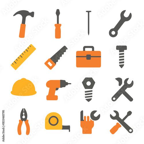 Tools of the Trade: A vibrant assortment of essential tools of the trades, a collection of objects to build and construct, presented as a flat lay illustration.