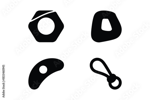 Four abstract black shapes with openings on a white background