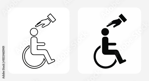Outline icon depicting a person in a wheelchair receiving a gentle touch on the head, symbolizing care and support.