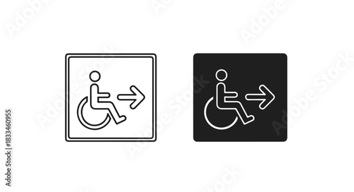 Black and white line art icons depicting wheelchair accessible exit signs with an arrow pointing right.