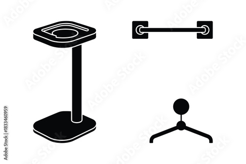 Black and white isometric illustrations of bathroom accessories