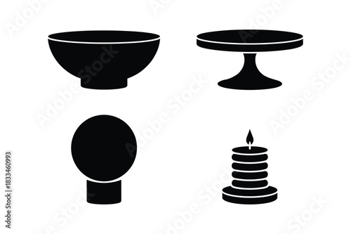 Four black silhouettes of household objects on white background