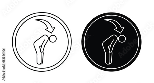 Two circular icons depicting a person bowing or bending forward with a downward arrow, one in black and white outline, the other in inverse colors.