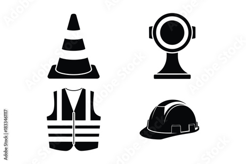 Construction safety gear and equipment icons set
