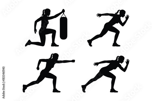 Silhouettes of women exercising and running