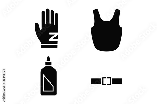 Black silhouette icons of sports gear and apparel