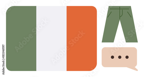 Irish tricolor flag with green pants and a speech bubble. Ideal for culture, identity, fashion, communication, symbolism, minimalism, global representation. Simple flat metaphor
