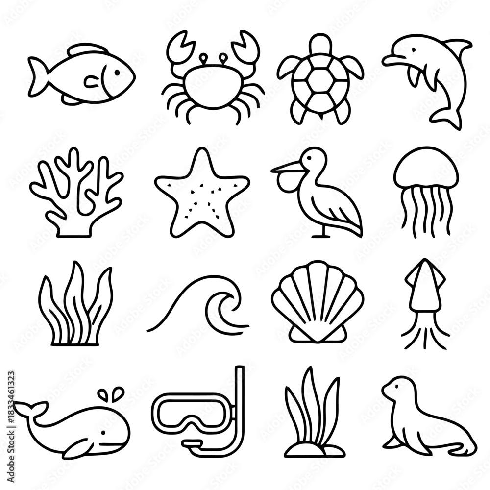 Fototapeta premium Ocean Life Line: A captivating illustration showcases a diverse array of marine creatures and elements, perfect for educational or design projects. This art celebrates ocean life.
