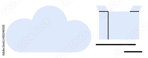 Cloud storage, technology services, data backup, file sharing, network solutions, application hosting. Minimalistic cloud shape and open box. Cloud storage and technology services concept