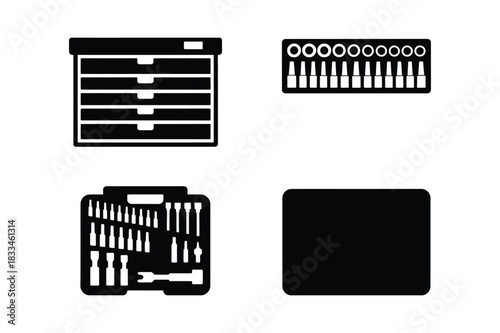 Set of four black and white icons representing tools and storage