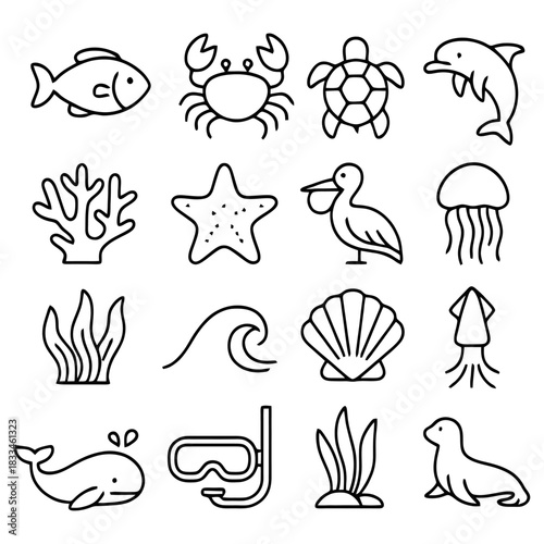 Ocean Life Line: A captivating illustration showcases a diverse array of marine creatures and elements, perfect for educational or design projects. This art celebrates ocean life.