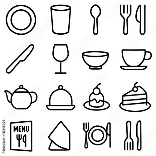Restaurant Utensil Collection: A detailed illustration showcases various dining utensils and food items essential to a restaurant experience.