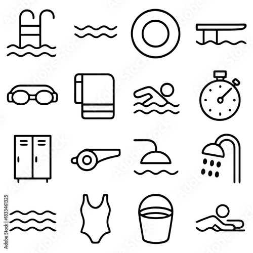 Pool Icon Set: A comprehensive collection of iconic symbols related to swimming and aquatic recreation. Showcasing the essentials of a pool environment.