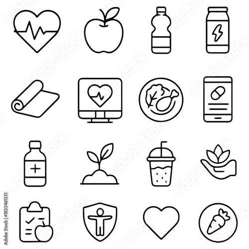 Health and Wellness Icons: A set of simple line icons symbolizing various aspects of health and wellness, ideal for illustrating healthy lifestyle concepts.