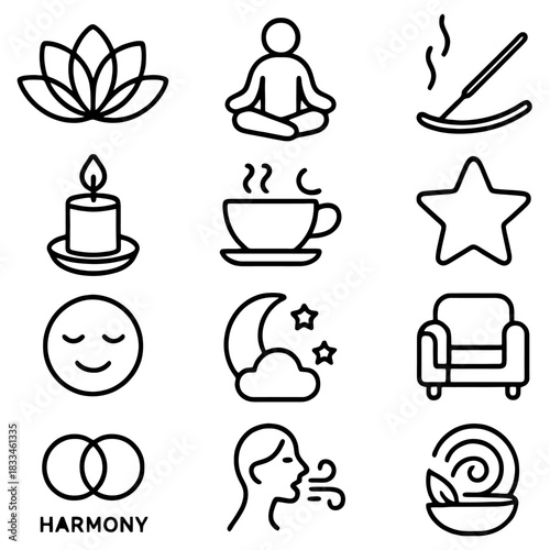 Zen Elements: A minimalist design showcases a collection of serene icons representing tranquility and mindfulness, offering a visual journey into peaceful concepts.