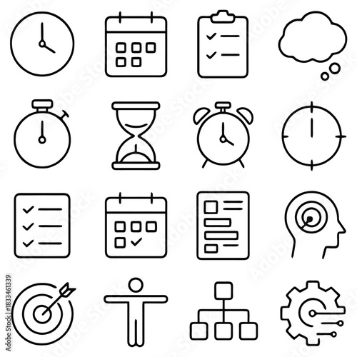Essential Time Management: A collection of meticulously crafted line icons representing the essence of time, encompassing planning, goals, and focus.