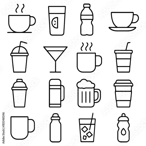 Diverse Beverage Collection: A clean and concise array of beverage icons, each illustrating a different refreshing drink. A visual guide for the selection of any beverage from different sources.