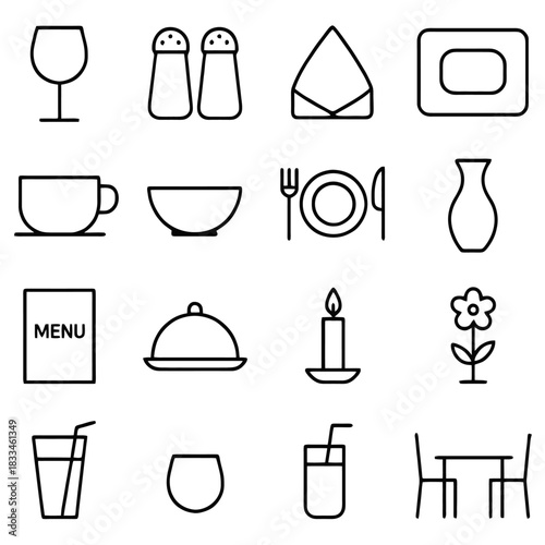 Restaurant Essentials: A minimalist graphic arrangement of essential restaurant items, presenting a clean and organized visual reference for dining and culinary concepts.