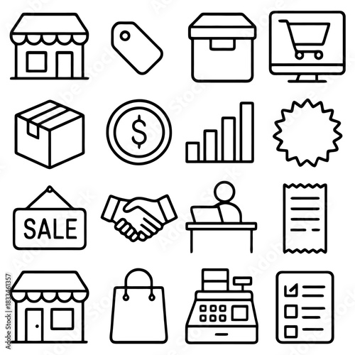Online Marketplace Essentials: A collection of simple, black and white line icons represent essential elements of the online marketplace and retail industry. These elements include shop.