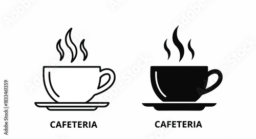 Two steaming coffee cup icons, one outline and one solid, with "CAFETERIA" text below, representing hot beverages.