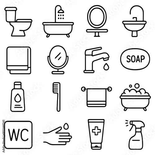 Bathroom Essentials Illustrated: A simple yet informative illustration of various bathroom fixtures and hygiene items, designed with clean lines and a minimalist aesthetic.